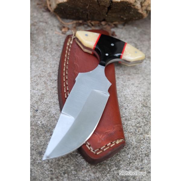 Couteau Push Dagger Lame Acier Carbone 1055 Manche Os & Corne Etui CUir Fabric Artisanale 001