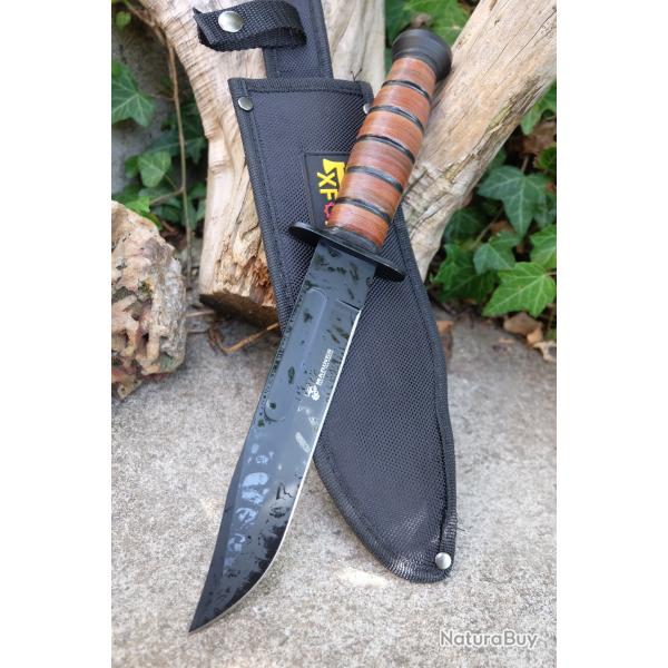 Couteau Tactical Marines Combat Mtech Lame Acier 3Cr13 Black Manche Cuir Etui Style Ka-bar