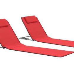 Tapis plage pliable acier tissu rouge 160x53x47 cm dossier r&eacute;glable 2 pcs