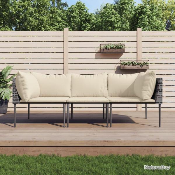 Salon de jardin 3 pcs avec coussins Gris R�sine tress�e
