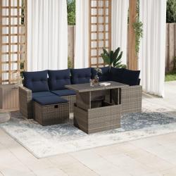 Ensemble de canap&eacute; de jardin 7 pcs avec coussins gris r&eacute;sine tress&eacute;e