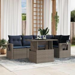 Ensemble de canap&eacute; de jardin 6 pcs avec coussins gris r&eacute;sine tress&eacute;e
