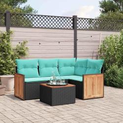 Ensemble de canap&eacute; de jardin 5 pcs avec coussins noir r&eacute;sine tress&eacute;e