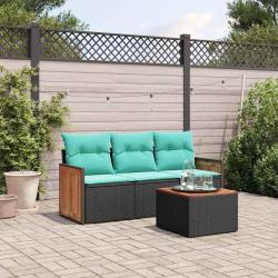 Ensemble de canap&eacute; de jardin 4 pcs avec coussins noir r&eacute;sine tress&eacute;e