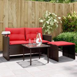 Ensemble de canap&eacute; de jardin 3 pcs avec coussins marron r&eacute;sine tress&eacute;e