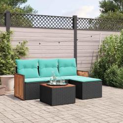 Ensemble de canap&eacute; de jardin 5 pcs avec coussins noir r&eacute;sine tress&eacute;e