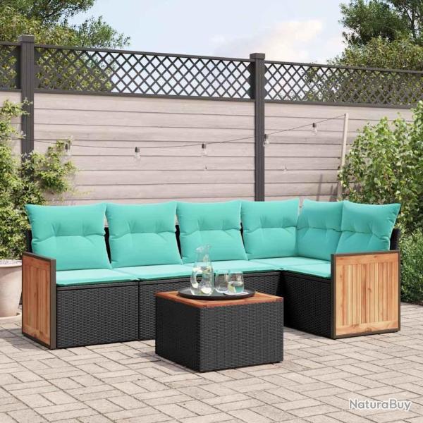 Ensemble de canap� de jardin 6 pcs avec coussins noir r�sine tress�e