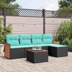 Ensemble de canap&eacute; de jardin 6 pcs avec coussins noir r&eacute;sine tress&eacute;e