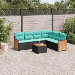 Ensemble de canap&eacute; de jardin 7 pcs avec coussins noir r&eacute;sine tress&eacute;e
