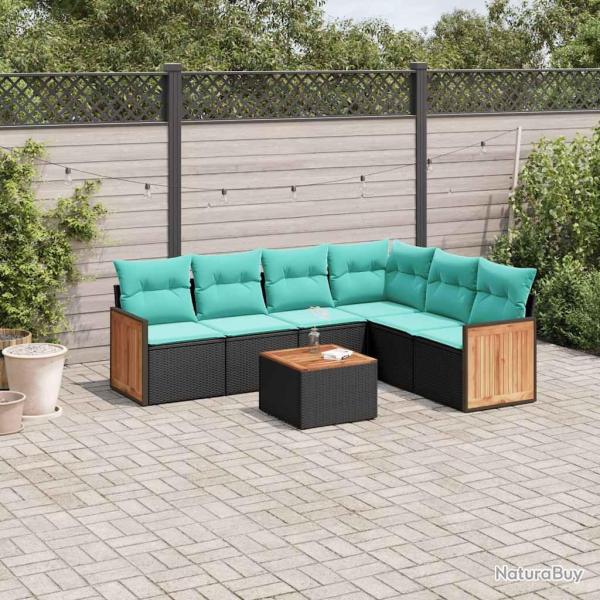 Ensemble de canap� de jardin 7 pcs avec coussins noir r�sine tress�e