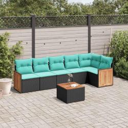 Ensemble de canap&eacute; de jardin 7 pcs avec coussins noir r&eacute;sine tress&eacute;e