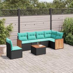 Ensemble de canap&eacute; de jardin 7 pcs avec coussins noir r&eacute;sine tress&eacute;e