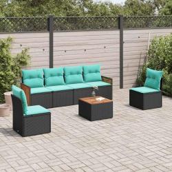 Ensemble de canap&eacute; de jardin 7 pcs avec coussins noir r&eacute;sine tress&eacute;e