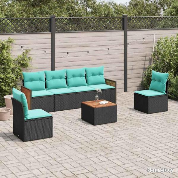 Ensemble de canap� de jardin 7 pcs avec coussins noir r�sine tress�e