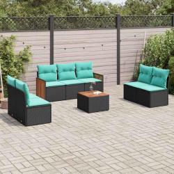 Ensemble de canap&eacute; de jardin 8 pcs avec coussins noir r&eacute;sine tress&eacute;e