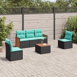 Ensemble de canap&eacute; de jardin 6 pcs avec coussins noir r&eacute;sine tress&eacute;e