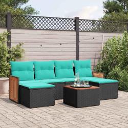 Ensemble de canap&eacute; de jardin 7 pcs avec coussins noir r&eacute;sine tress&eacute;e