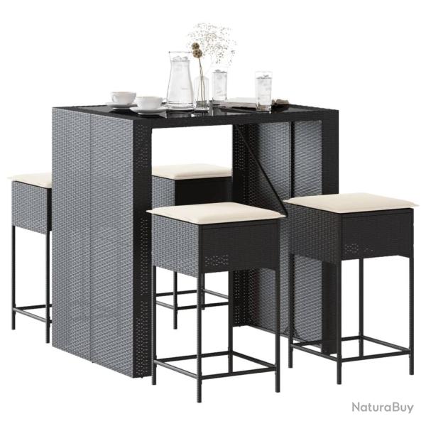 Ensemble de bar de jardin 5 pcs avec coussins noir poly rotin