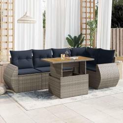 Salon de jardin 6 pcs avec coussins gris r&eacute;sine tress&eacute;e