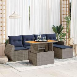 Salon de jardin 6 pcs avec coussins gris r&eacute;sine tress&eacute;e