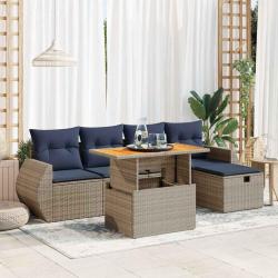 Salon de jardin 6 pcs avec coussins noir r&eacute;sine tress&eacute;e acacia