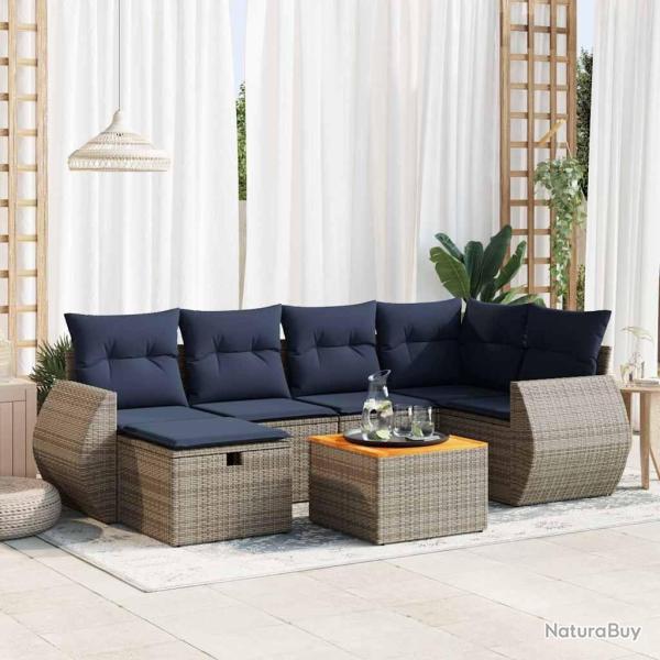 Salon de jardin avec coussins 7 pcs gris r�sine tress�e