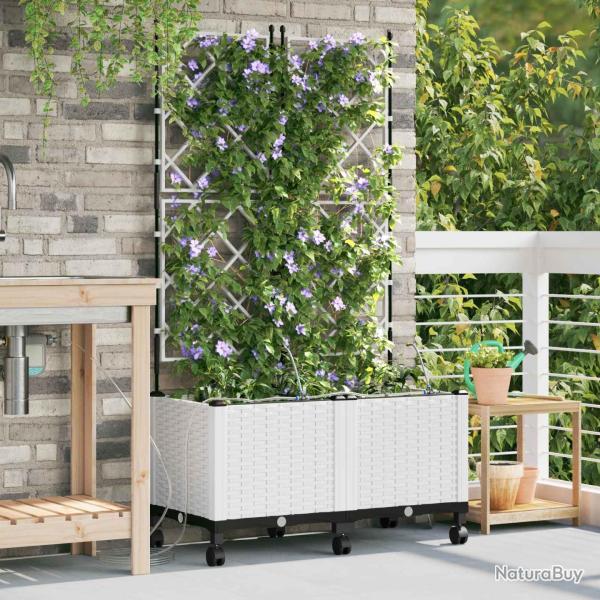 Porte-plante de jardin avec irrigation et roues 2 pc Blanc PP
