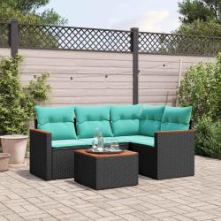 Ensemble de canap&eacute; de jardin 5 pcs avec coussins noir r&eacute;sine tress&eacute;e