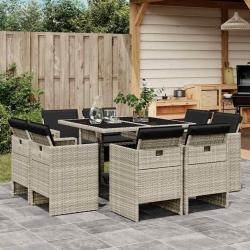 Ensemble &agrave; manger de jardin et coussins 9 pcs gris clair rotin