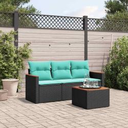 Ensemble de canap&eacute; de jardin 4 pcs avec coussins noir r&eacute;sine tress&eacute;e