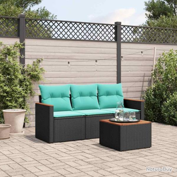 Ensemble de canap� de jardin 4 pcs avec coussins noir r�sine tress�e