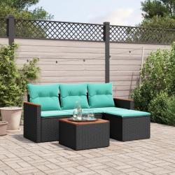 Ensemble de canap&eacute; de jardin 5 pcs avec coussins noir r&eacute;sine tress&eacute;e