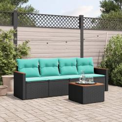 Ensemble de canap&eacute; de jardin 5 pcs avec coussins noir r&eacute;sine tress&eacute;e