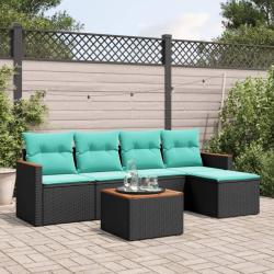 Ensemble de canap&eacute; de jardin 6 pcs avec coussins noir r&eacute;sine tress&eacute;e