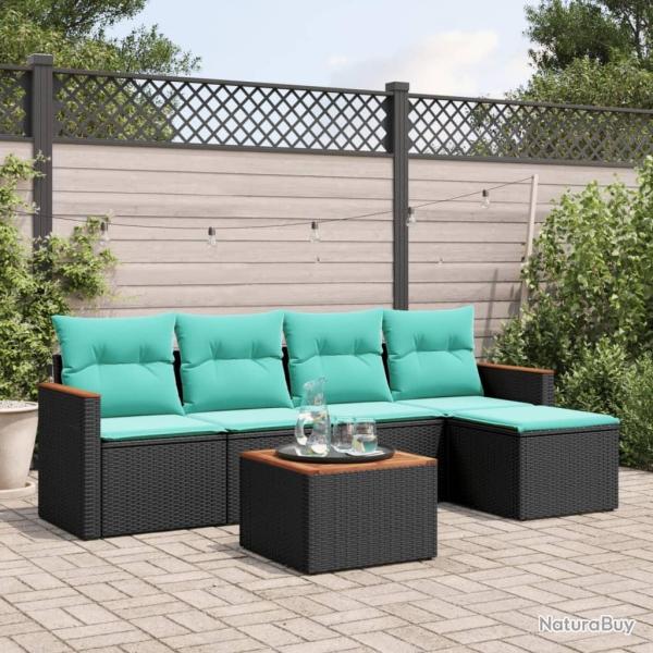 Ensemble de canap� de jardin 6 pcs avec coussins noir r�sine tress�e