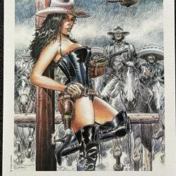 Colt 1873  Single Action Army, ou Colt Peacemaker et SEXY PIN UP au STETSON  ex libris GIROD Sign&eacute;
