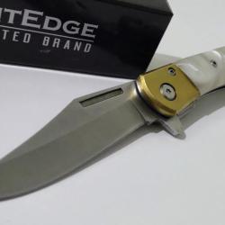Couteau Semi Automatique ElitEdge Lame Bowie Acier 440C Manche Nacre Synth&eacute;tique Linerlock Clip mgwp
