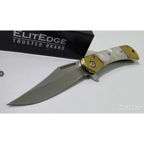 Couteau Semi Automatique ElitEdge Lame Bowie Acier 440C Manche Nacre Synth�tique Linerlock Clip mgwp