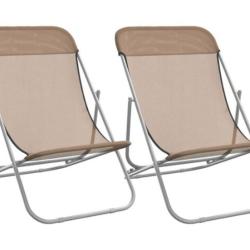 Chaises plage pliantes textil&egrave;ne Taupe acier enduit poudre r&eacute;glables lot 2