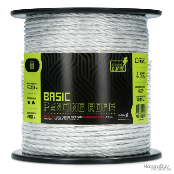 ZoneGuard 6 mm Basic fencing rope white 200 m - Ref ZONE0084 - EAN 8716759569973 - Livraison rapide