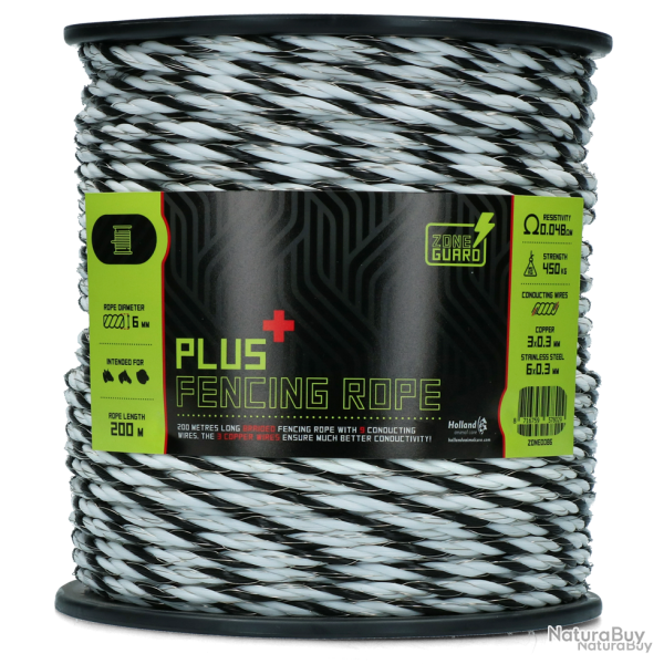 ZoneGuard 6 mm Plus fencing rope black and white 200 m - Ref ZONE0086 - EAN 8716759578029 - Livraiso