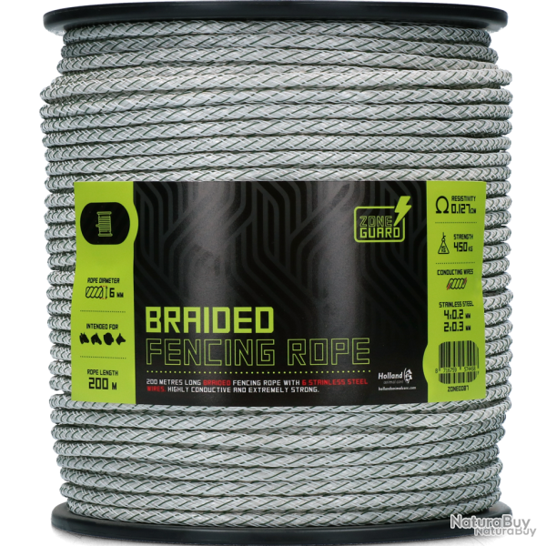 ZoneGuard 6 mm braided fencing rope white and green 200 m - Ref ZONE0087 - EAN 8716759574458 - Livra