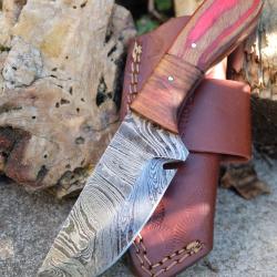 Couteau Skinner Lame Acier Damas 256 Couches Manche 2 Bois Etui Cuir Port Horizon Fab Artisanale 02