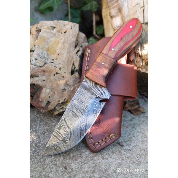 Couteau Skinner Lame Acier Damas 256 Couches Manche 2 Bois Etui Cuir Port Horizon Fab Artisanale 02