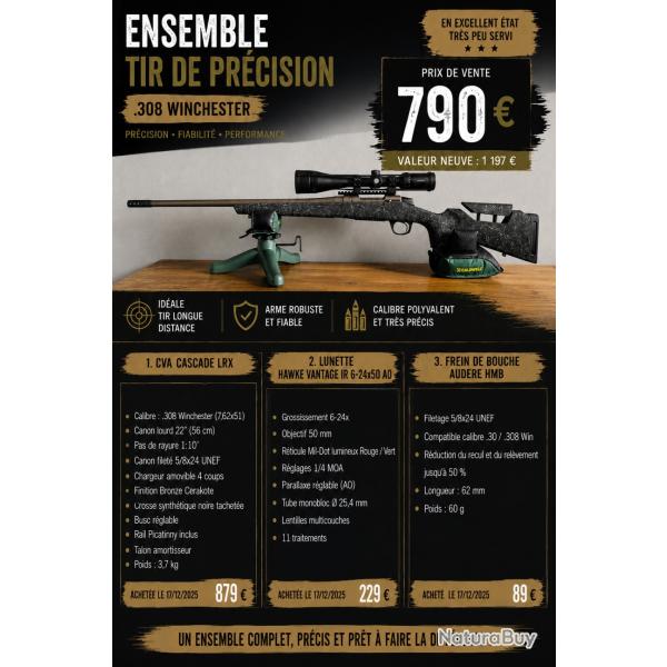 Pack TLD: CVA Cascade 308 + Lunette Hawke 6-24 + frein de bouche Audere HMB