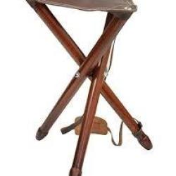 Tr&eacute;pied Si&eacute;ge bois 65cm dessus cuir marron avec bretelle
