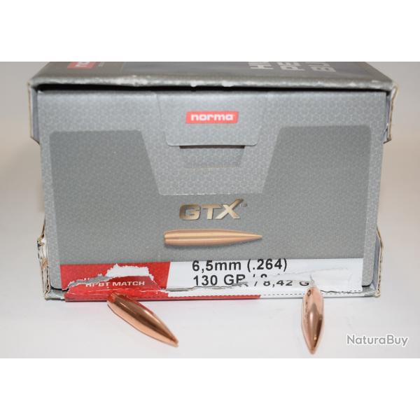 sachet 100 ogives Norma , cal 6,5mm (264) , 130 grains GTX