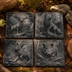 Lot de 4 dessous de verre en ardoise grav&eacute;s Cerf, Sanglier, Li&egrave;vre & Renard Effet 3D Relief 10 cm