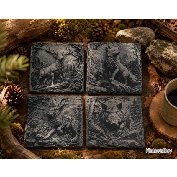Lot de 4 dessous de verre en ardoise grav�s Cerf, Sanglier, Li�vre & Renard Effet 3D Relief 10 cm