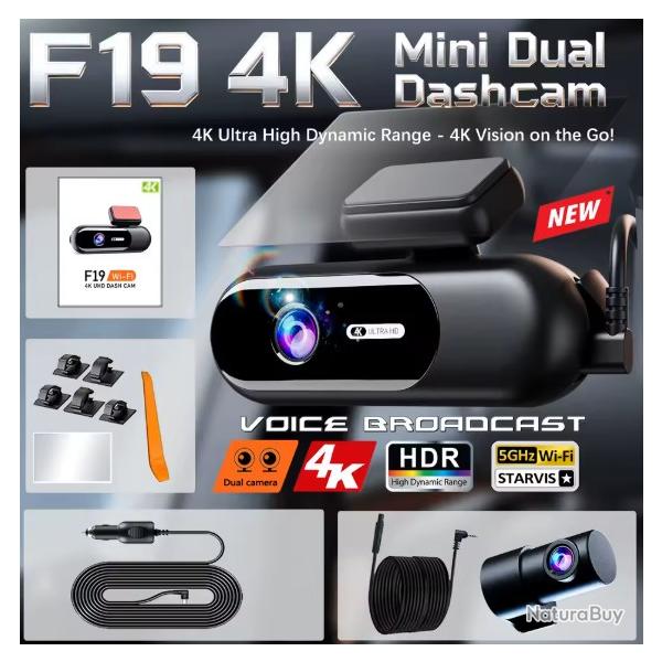 Cam�ra de tableau de bord voitures 4K UHD, enregistrement avant et arri�re,HDR, Wi-Fi, 64G dual cam